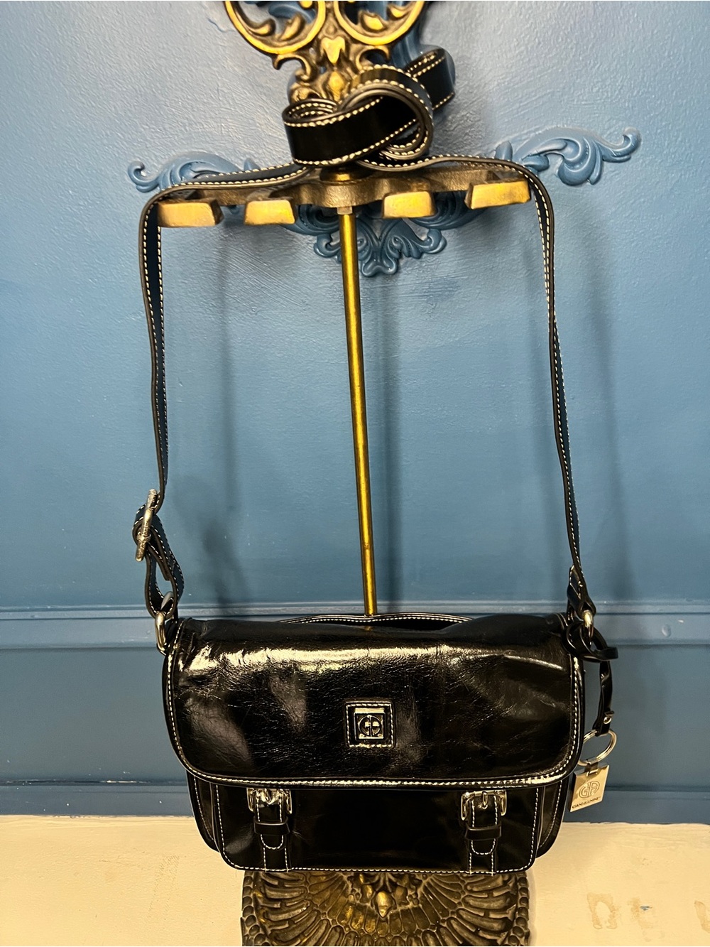 Gianni Bini Black Patent Messenger Bag with White Stitching
